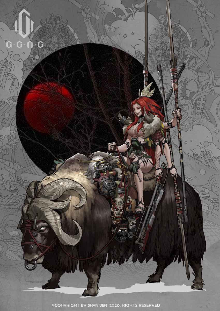 1girl absurdres animal barbarian breasts cyborg extra_arms highres holding holding_weapon horns long_hair mask moon original polearm red_eyes red_hair red_moon sitting spear tattoo tree weapon xhr1997919