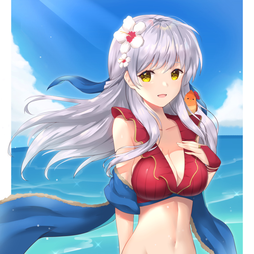 :d animal_on_shoulder bangs bare_shoulders bikini bird bird_on_shoulder blue_scarf blue_sky breasts cleavage collarbone fingerless_gloves fire_emblem fire_emblem:_radiant_dawn flower gloves grey_hair groin hair_flower hair_ornament hair_ribbon half_updo hand_on_own_chest highres light_rays long_hair looking_at_viewer medium_breasts micaiah_(fire_emblem) miragetiki navel ocean open_mouth red_bikini red_gloves red_swimsuit ribbon scarf sky smile sunlight swimsuit towel upper_body water yellow_eyes yune_(fire_emblem)