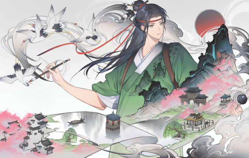 1boy 1other absurdres animal architecture bird black_hair boat cherry_blossoms chinese_clothes clothes_writing cloud copyright_request crane_(animal) east_asian_architecture fishing flock gazebo gradient green_robe grey_background grey_eyes hair_bun half_updo headband highres holding holding_paintbrush holding_scroll long_hair looking_away looking_to_the_side male_focus mountain nay_akane outstretched_arms paifang paintbrush painting_(object) parted_lips red_ribbon red_sun ribbon river sampan scroll single_hair_bun size_difference surreal tasuki through_screen water watercraft waterfall willow