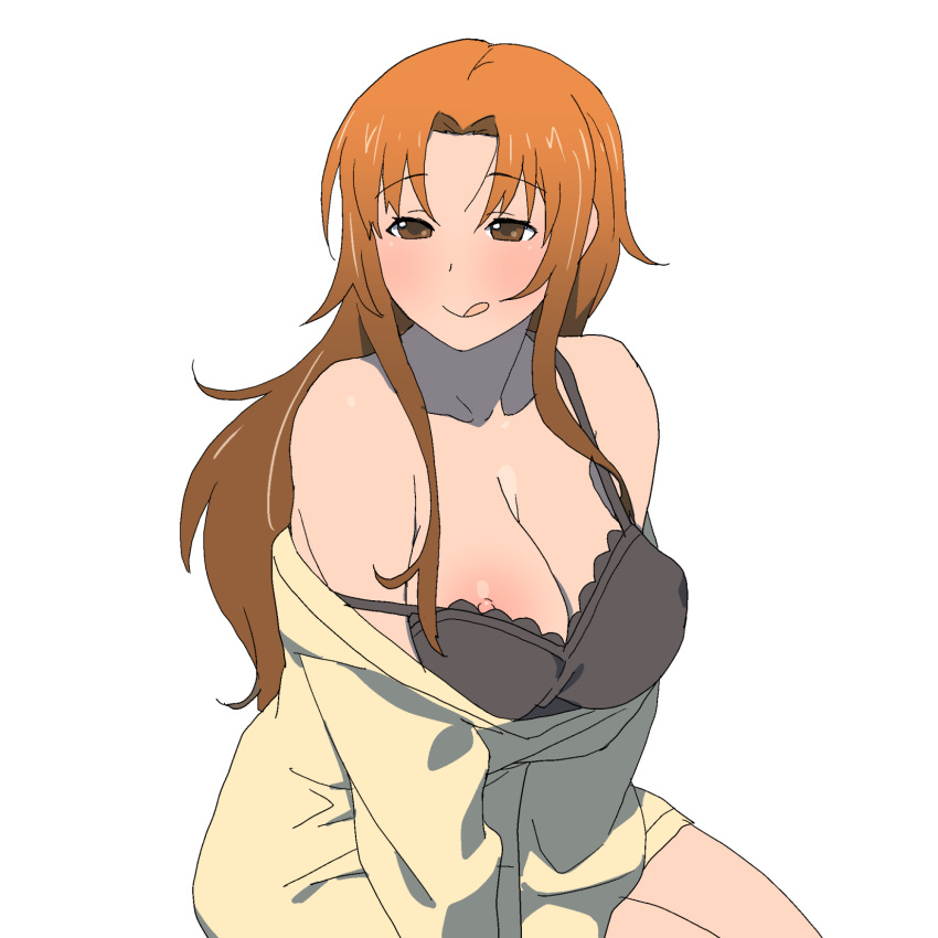 1girl black_bra bra breasts brown_eyes brown_hair cleavage highres large_breasts licking_lips nipple_slip nipples off_shoulder onsen_tamago_(hs_egg) partially_undressed simple_background sitting smile solo sweater takanashi_kozue tongue tongue_out underwear upper_body v_arms white_background working!! yellow_sweater