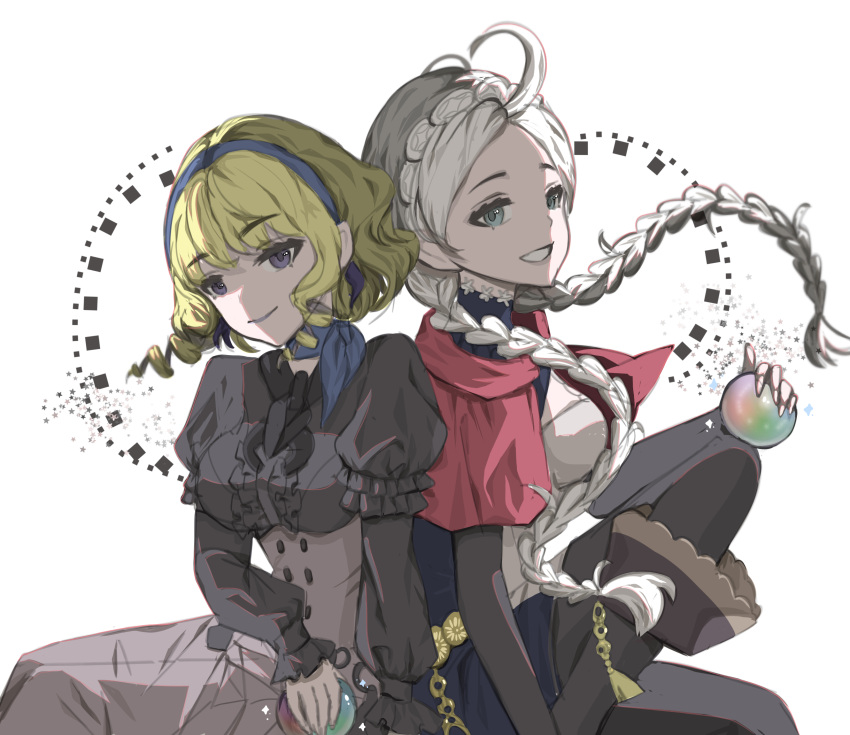 2girls ahoge back-to-back bangs belt black_legwear blonde_hair boots braid breasts buttons capelet choker commission commissioner_upload constance_von_nuvelle dress fire_emblem fire_emblem:_three_houses fire_emblem_fates fire_emblem_heroes frilled_dress frills garreg_mach_monastery_uniform hairband highres holding_orb hood hood_down hooded_capelet long_hair looking_at_viewer mariirasuto7 medium_breasts medium_hair multicolored_hair multiple_girls nina_(fire_emblem) non-web_source orb parted_bangs purple_hair purple_hairband red_hood scarf simple_background sitting smile turtleneck twin_braids two-tone_hair white_hair white_hairband