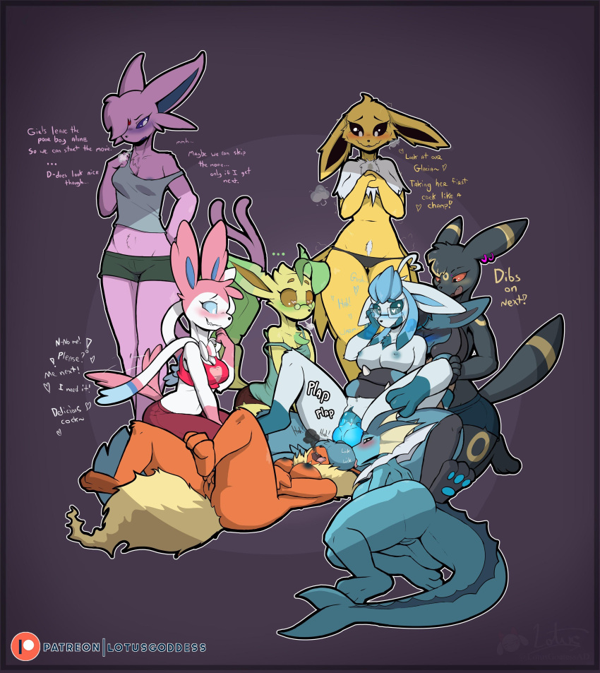 absurd_res anthro ball_lick ball_sniffing balls being_watched eeveelution espeon female flareon genitals glaceon group hi_res jolteon leafeon licking looking_at_another lotusgoatess male male/female nintendo oral pok&eacute;mon pok&eacute;mon_(species) purple_background sex simple_background sniffing sylveon tongue tongue_out umbreon vaporeon video_games