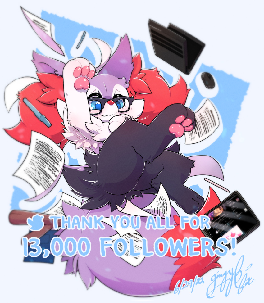 apple_inc. blue_eyes blush braixen computer eyewear falling freckles gingy_(gingy_k_fox) gingy_k_fox glasses hi_res ipad laptop nintendo paper paws pen pok&eacute;mon pok&eacute;mon_(species) shiny_pok&eacute;mon shy twitter video_games