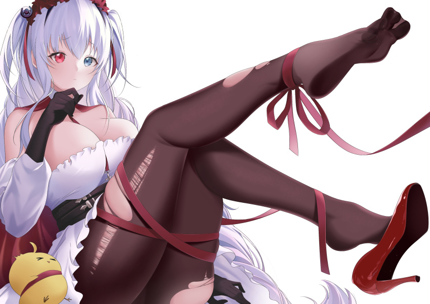 1girl absurdly_long_hair absurdres azur_lane belt black_belt black_gloves blue_eyes bound breasts brown_legwear cleavage detached_sleeves dress elbing_(azur_lane) elbing_(the_throne_of_misfortune)_(azur_lane) gloves hairband heterochromia high_heels highres large_breasts long_hair manjuu_(azur_lane) official_alternate_costume oxygen_mask_(oxygenmask233) pantyhose red_eyes red_footwear red_hairband red_ribbon ribbon simple_background soles solo tied_up_(nonsexual) toes torn_clothes torn_legwear very_long_hair white_background white_dress