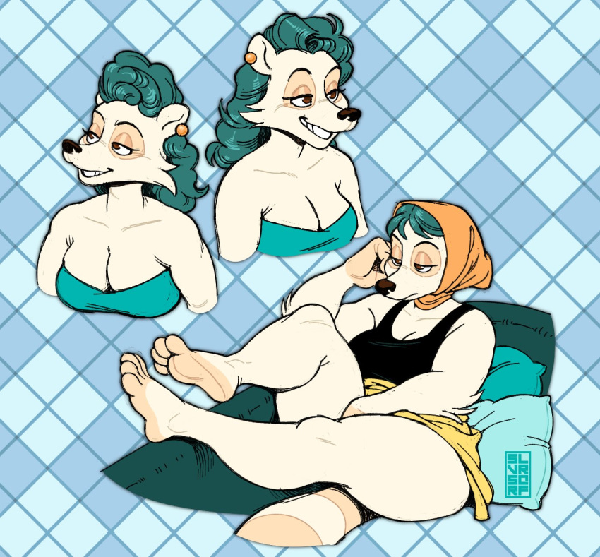 2022 4_toes anthro barefoot breasts cleavage clothed clothing feet female fur hair headscarf hi_res mammal mature_anthro mature_female pillow procyonid raccoon silverscarf sitting solo teal_hair thick_thighs toes white_body white_fur