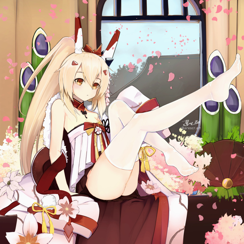 1girl absurdres architecture arescr ass ayanami_(azur_lane) ayanami_(pulse_of_the_new_year)_(azur_lane) azur_lane bangs building choker commentary_request east_asian_architecture feet hair_between_eyes hair_ornament hairclip headgear highres kadomatsu knees_to_chest leg_up light_brown_hair long_hair no_shoes official_alternate_costume orange_eyes petals pleated_skirt ponytail retrofit_(azur_lane) sidelocks sitting skirt sleeveless solo white_legwear