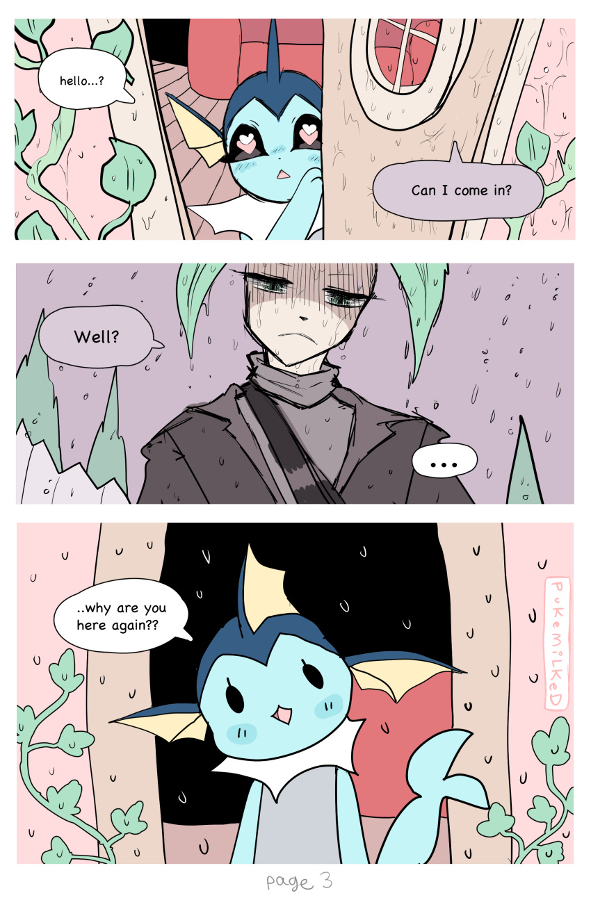 absurd_res anthro blue_body clothed clothing comic dialogue duo eeveelution female hi_res leafeon male nintendo pok&eacute;mon pok&eacute;mon_(species) pukemilked raining text vaporeon video_games