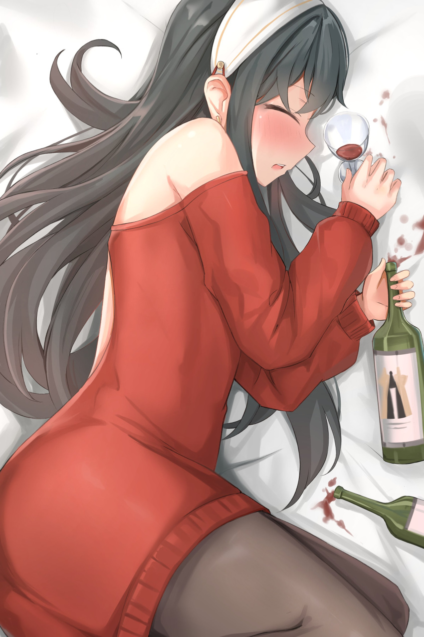 1girl absurdres alcohol bed bed_sheet black_hair blush bottle closed_eyes cup dress drinking_glass earrings eru_(aeeu2243) hair_ornament hairband highres jewelry long_hair pantyhose red_sweater sleeping spill spy_x_family sweater sweater_dress wine wine_bottle wine_glass yor_briar