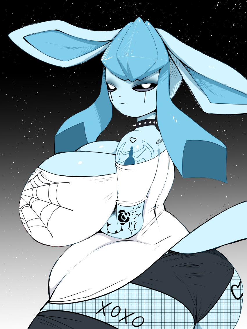 absurd_res anthro big_breasts black_sclera blue_body breasts cleavage clothed clothing collar eeveelution female footwear glaceon goth hi_res legwear looking_at_viewer nintendo overweight panties pok&eacute;mon pok&eacute;mon_(species) pukemilked shirt simple_background slightly_chubby socks solo spiked_collar spikes tattoo thigh_highs thigh_socks topwear underwear video_games