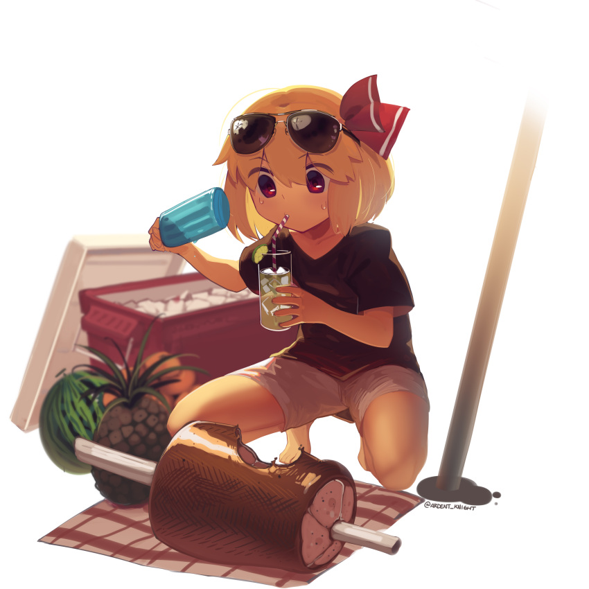 1girl absurdres alternate_costume bangs black_shirt blonde_hair boa_(brianoa) cup drinking_glass english_commentary eyewear_on_head food fruit full_body hair_ribbon highres holding holding_cup meat pineapple popsicle red_eyes red_ribbon ribbon rumia shirt short_hair shorts simple_background solo sunglasses touhou watermelon white_background white_shorts