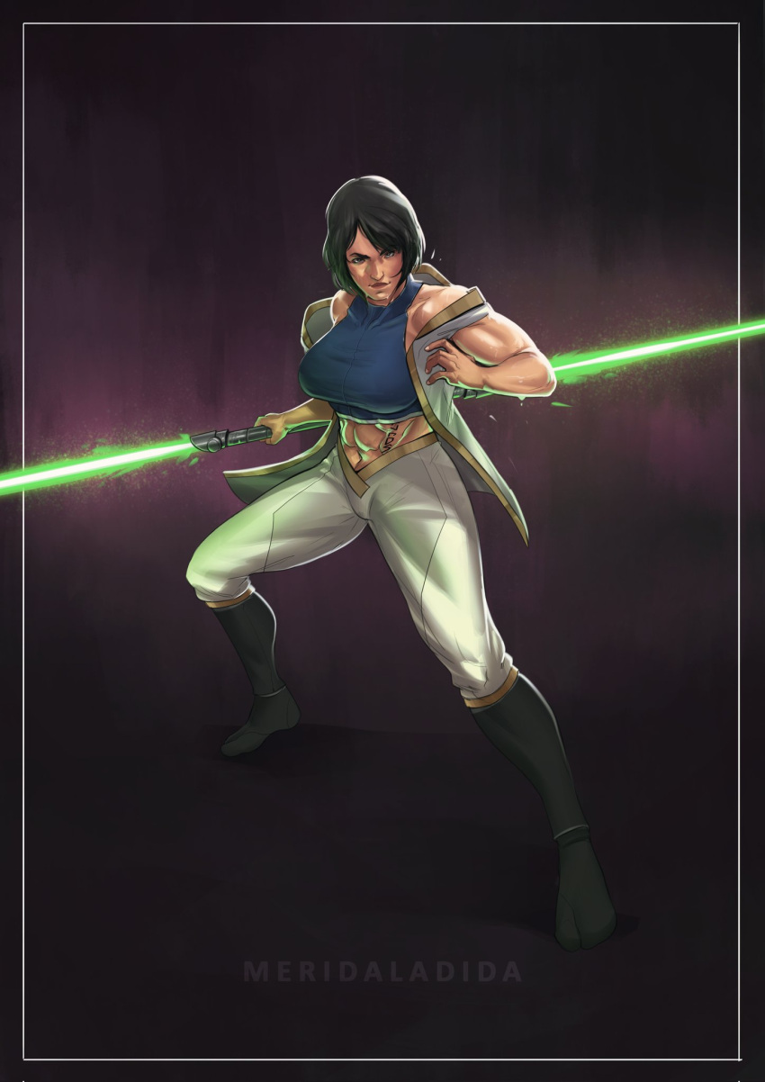 1girl abs artist_name black_hair bob_cut breasts crop_top energy_sword english_text highres holding holding_weapon knights_of_the_old_republic large_breasts lightsaber looking_at_viewer meridaladida midriff muscular muscular_female sleeveless sleeveless_jacket star_wars sword tattoo weapon