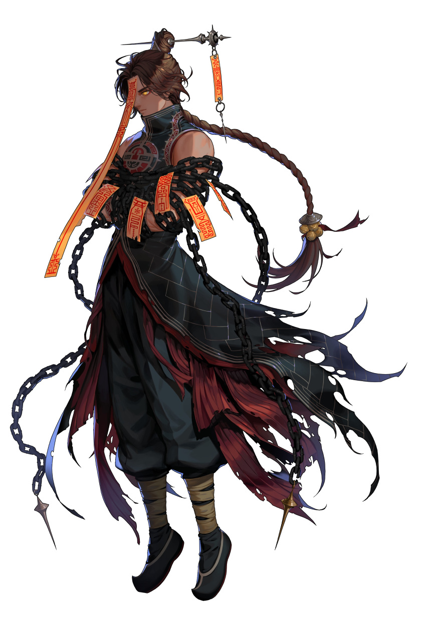 1boy absurdres bad_source black_survival bound bound_arms bound_torso braid braided_ponytail brown_hair chain closed_mouth ddollydonut floating full_body hair_ornament hair_stick highres jiangshi long_hair male_focus official_alternate_costume official_art ofuda simple_background solo transparent_background yellow_eyes zahir_(black_survival)