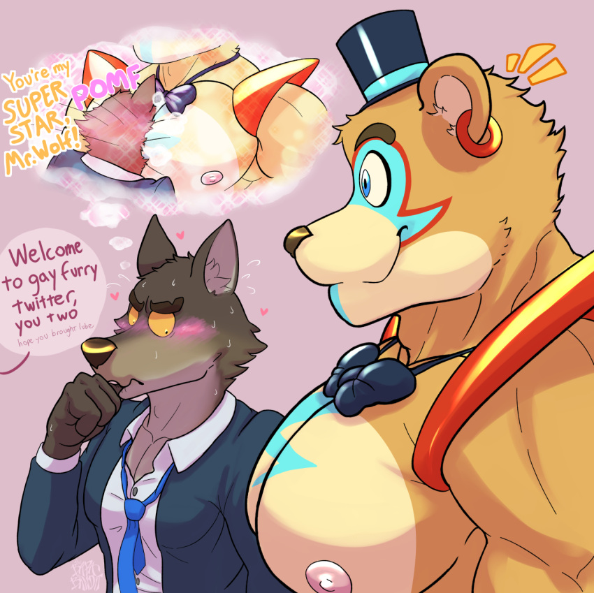 anthro anthro_on_anthro areola blush bodily_fluids bodypaint bow_tie canid canine canis clothed clothing crossover dialogue dreamworks duo ear_piercing ear_ring english_text eyebrows face_paint five_nights_at_freddy's five_nights_at_freddy's:_security_breach fully_clothed girl_staring_at_man's_chest glamrock_freddy_(fnaf) hat headgear headwear hi_res humor imagination male male/male mammal meme motorboating mr._wolf_(the_bad_guys) muscular muscular_anthro muscular_male necktie nipples onomatopoeia owo pecs piercing ring_piercing scottgames shirt smile sound_effects speech_bubble suit sweat text the_bad_guys thebarabandit thought_bubble top_hat topwear ursid video_games wolf