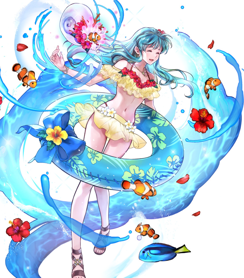 1girl aqua_eyes aqua_hair bangs bare_shoulders bikini breasts eirika_(fire_emblem) fire_emblem fire_emblem:_the_sacred_stones full_body hair_ornament highres long_hair non-web_source official_art red_bikini shiny shiny_hair solo swimsuit transparent_background two-tone_bikini wada_sachiko yellow_bikini