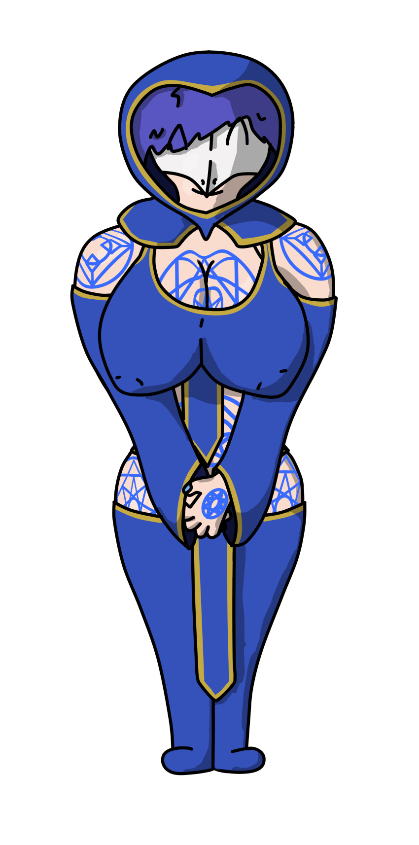 absurd_res big_breasts blue_clothing bottomwear breasts cassandra_(thewhiteorbit) clothed clothing female footwear hair hi_res hood human humanoid legwear looking_at_viewer mammal markings mask not_furry re-logic simple_background solo terraria thewhiteorbit(two) thick_thighs thigh_highs topwear