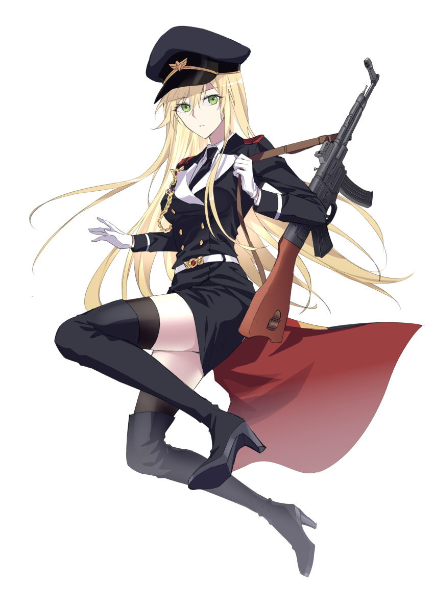 1girl absurdres assault_rifle bangs belt black_footwear black_headwear black_jacket black_legwear black_necktie black_skirt blonde_hair boots breasts closed_mouth full_body girls'_frontline gloves green_eyes gun hat high_heel_boots high_heels highres holding holding_gun holding_weapon jacket knee_boots long_hair looking_at_viewer military military_hat military_uniform necktie peaked_cap rifle shirt skirt solo stg44 stg44_(girls'_frontline) suprii thighhighs uniform weapon weapon_on_back white_background white_belt white_gloves white_shirt