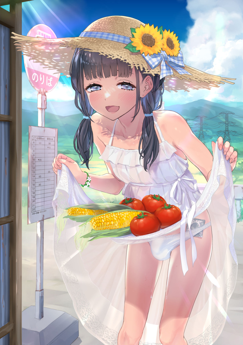 1boy bangs black_hair blush bulge bus_stop condom condom_in_clothes crossdressing dress grey_eyes hat highres long_hair male_focus navel onomi9ta open_mouth original otoko_no_ko outdoors panties smile solo straw_hat sundress sweat underwear