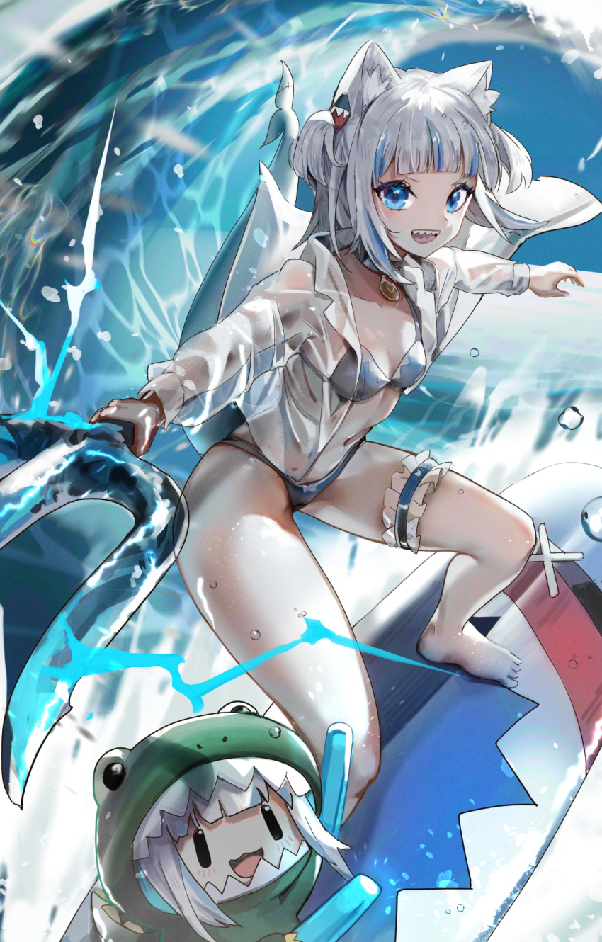 1girl alternate_costume animal_ear_fluff animal_ears bangs bare_legs barefoot bikini blue_bikini blue_choker blue_eyes blue_hair blunt_bangs blush breasts cat_ears chibi choker cleavage commentary dinosaur_costume eyelashes fish_tail full_body gawr_gura glowstick grey_hair hair_ornament haowei_wu highres holding holding_glowstick holding_trident holding_weapon hololive hololive_english jacket jewelry kemonomimi_mode legs_apart long_sleeves looking_at_viewer medium_hair multicolored_hair navel open_clothes open_jacket open_mouth outstretched_arms pendant polearm see-through see-through_jacket see-through_sleeves shark_girl shark_hair_ornament shark_print shark_tail sharp_teeth short_twintails small_breasts smile smol_gura standing stomach streaked_hair surfboard surfing swimsuit tail teeth thigh_strap trident twintails two-tone_hair two_side_up upper_teeth v-shaped_eyebrows virtual_youtuber water waves weapon white_jacket