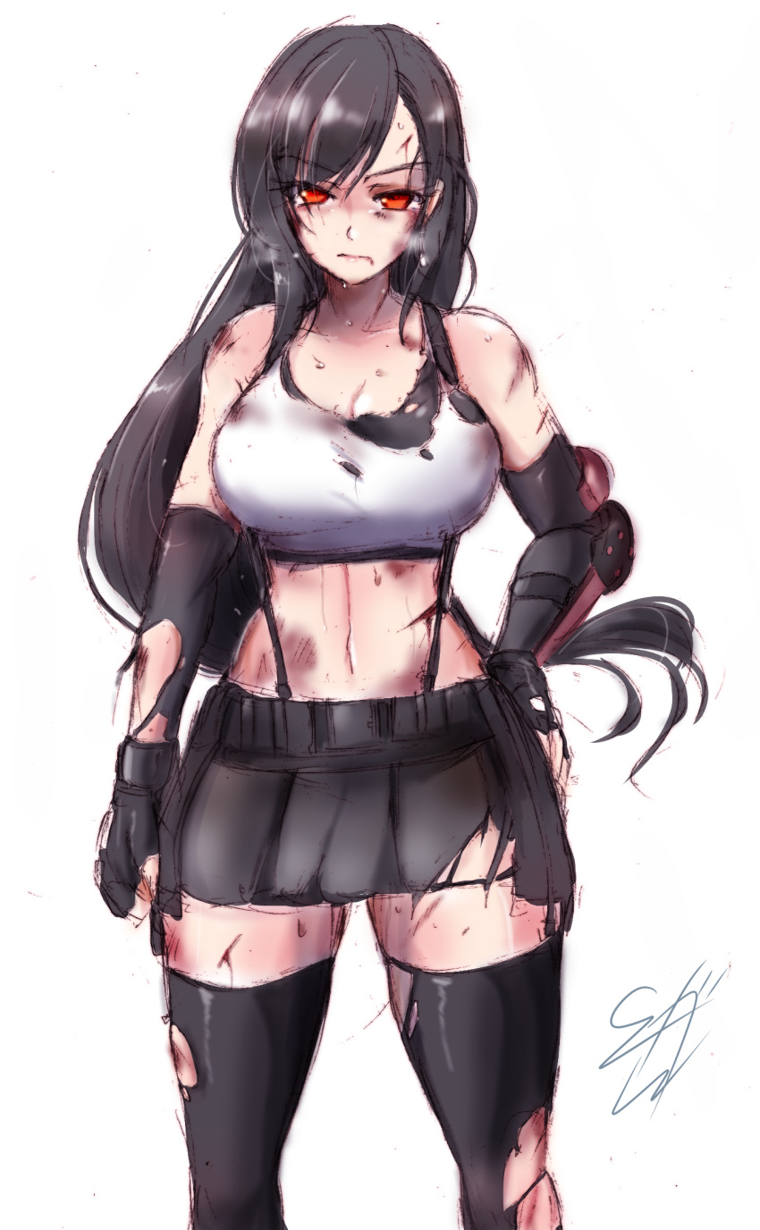 1girl bangs bare_shoulders black_hair black_legwear black_shirt black_skirt blood blood_on_face breasts bruise bruise_on_face cleavage closed_mouth collarbone commentary_request cowboy_shot crop_top cuts earrings elbow_gloves elbow_pads final_fantasy final_fantasy_vii final_fantasy_vii_remake fingerless_gloves gloves hair_between_eyes hand_on_hip highres injury jewelry large_breasts long_hair looking_at_viewer low-tied_long_hair midriff navel partial_commentary red_eyes shirt sidelocks signature simple_background skirt solo standing suga_leon suspender_skirt suspenders sweat tank_top thighhighs tifa_lockhart torn_clothes torn_gloves torn_legwear torn_shirt torn_skirt undershirt white_background white_tank_top zettai_ryouiki