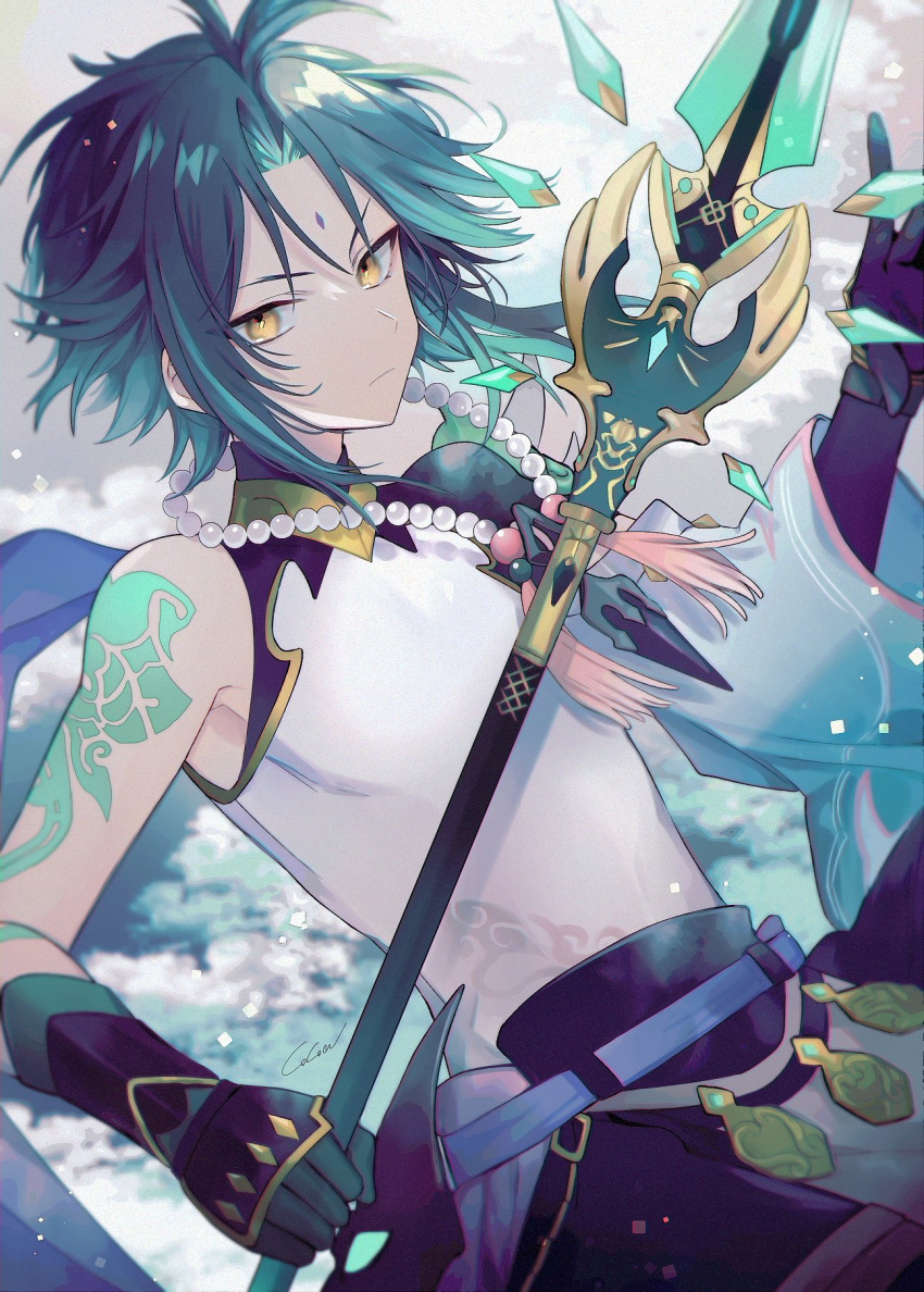 1boy arm_tattoo bead_necklace beads black_hair closed_mouth cocoa_miel commentary_request facial_mark forehead_mark genshin_impact gloves green_hair highres holding holding_polearm holding_weapon jewelry male_focus mask multicolored_hair necklace polearm primordial_jade_winged-spear_(genshin_impact) signature simple_background solo spear tassel tattoo weapon xiao_(genshin_impact) yellow_eyes