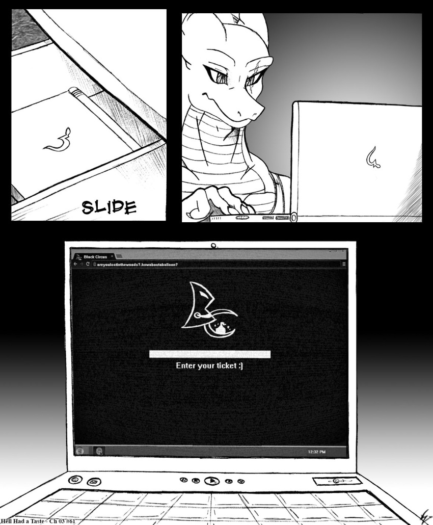 2016 anthro clothing comic computer desk dragon drawer english_text furniture hi_res horn if_hell_had_a_taste laptop male sales scar shirt skylar_fidchell solo table text topwear url viroveteruscy web_browser