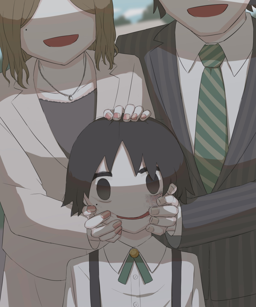 1girl 2boys absurdres avogado6 black_eyes blurry blurry_background bruise bruise_on_face child collared_shirt commentary father_and_son forced_smile formal hand_on_another's_head hands_on_another's_face head_out_of_frame highres injury jewelry looking_at_viewer mole mole_under_eye mother_and_son multiple_boys necklace necktie original pink_nails shirt short_hair suit suspenders