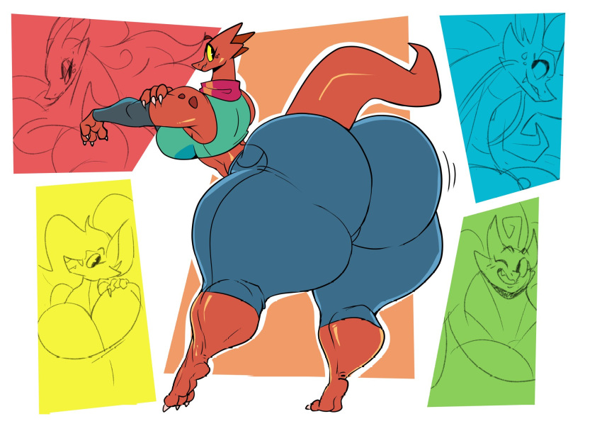 2022 abstract_background anthro big_breasts big_butt black_eyes bottomwear breasts butt canid canine claws clothing dragon feet female fox group hand_on_arm hi_res huge_breasts huge_butt hybrid kobold looking_at_viewer mammal muscular muscular_female nana_(pebthedrabold) pants paws pebthedrabold red_body red_skin reddy_(pebthedrabold) scarf shirt short_tail simple_background sketch tank_top tight_clothing topwear virginia_(pebthedrabold) white_background yellow_sclera zeni_the_drabold