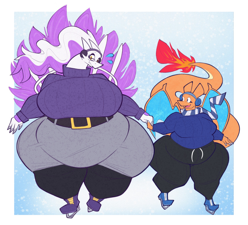 2022 absurd_res aimbot-jones anthro anthrofied belly big_breasts bottomwear breasts charizard clothed clothing digital_media_(artwork) dragon duo eyelashes eyeliner eyewear female glasses hair hi_res huge_breasts huge_hips legendary_pok&eacute;mon makeup membrane_(anatomy) membranous_wings nintendo orange_body orange_scales overweight overweight_female pok&eacute;mon pok&eacute;mon_(species) reshiram scales shorts smile sweater sweatpants thick_tail topwear video_games white_body white_hair white_scales wings