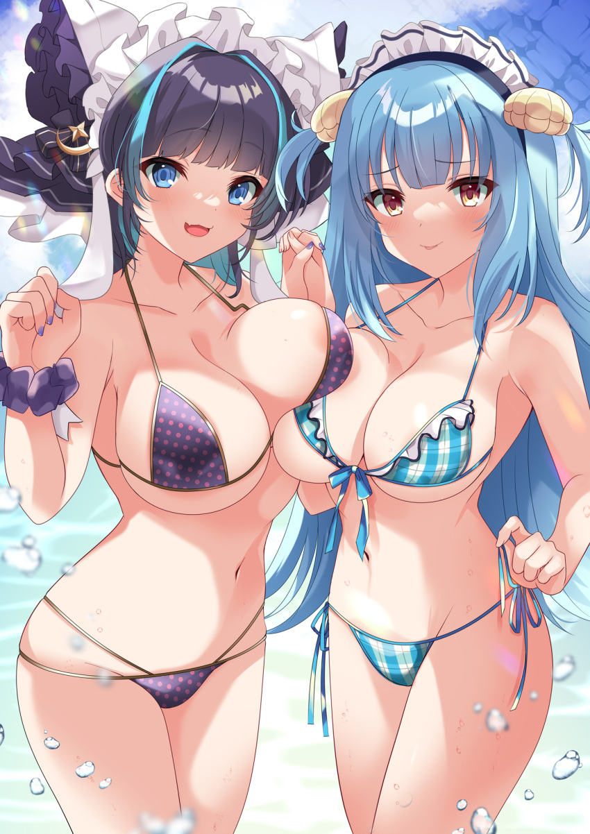 2girls :3 :d akatsuki_(aktk511) alternate_costume animal_ears asymmetrical_docking azur_lane bangs bare_shoulders bikini black_hair blue_eyes blue_hair blue_sky blunt_bangs blush breast_press breasts cat_ears cheshire_(azur_lane) clam_shell cleavage closed_mouth cloud collarbone commentary_request commission cowboy_shot day fake_animal_ears frilled_hairband frills groin hair_ornament hairband hands_up highres holding_hands large_breasts long_hair looking_at_viewer maid_headdress multi-strapped_bikini multicolored_hair multiple_girls navel neptune_(azur_lane) open_mouth plaid plaid_bikini polka_dot polka_dot_bikini purple_bikini purple_nails purple_scrunchie scrunchie shell_hair_ornament short_hair side-tie_bikini sidelocks skeb_commission skindentation sky smile standing stomach strap_pull streaked_hair swimsuit two-tone_hair two_side_up wrist_scrunchie yellow_eyes