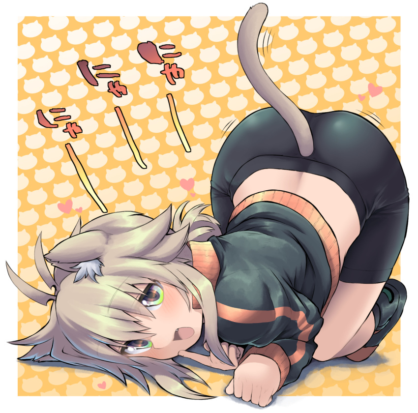 1girl animal_ears antenna_hair bangs bike_shorts black_footwear black_jacket black_shorts brown_hair cat_ears cat_girl cat_tail commentary_request fang green_eyes hair_between_eyes heart highres jacket kemonomimi_mode koshirae_tsurugi long_hair long_sleeves looking_at_viewer low_ponytail m.m motion_lines open_mouth orange_background original ponytail shoes short_shorts shorts solo tail top-down_bottom-up track_jacket two-tone_background white_background