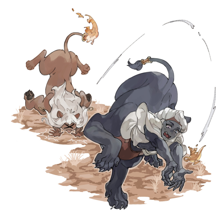 2boys abuku animal_ears black_skin blue_eyes claws colored_skin dark-skinned_male dark_skin fallen_down fangs flame-tipped_tail full_body hair_ornament highres keffiyeh lamp lion_boy lion_ears long_hair looking_at_object male_focus monster_boy multiple_boys oil_lamp open_mouth original outstretched_arms purple_eyes running simple_background sweat tail tail_ornament tail_ring taur tongue tongue_out tripping white_background white_hair x_x