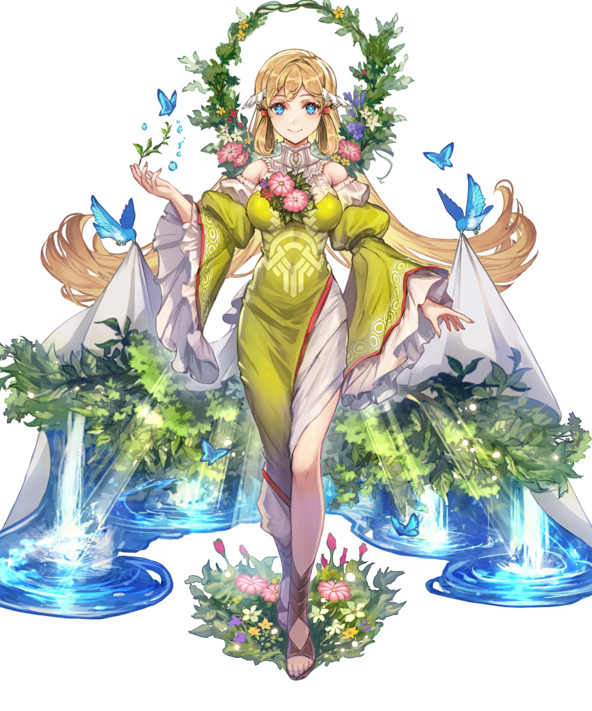 1girl animal bangs bird blonde_hair blue_eyes breasts bug butterfly closed_mouth dress fire_emblem fire_emblem_heroes flower full_body grass green_dress hair_ornament highres long_hair looking_at_viewer medium_breasts non-web_source official_art puffy_sleeves shiny shiny_hair smile solo standing toeless_footwear toes transparent_background turtleneck water water_drop wide_sleeves ymir_(fire_emblem_heroes)