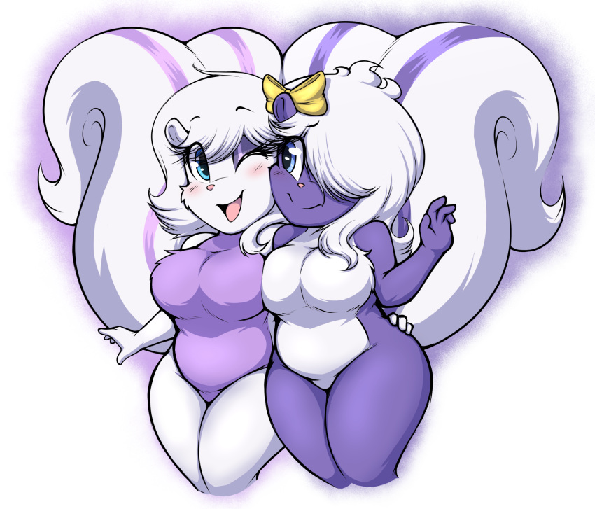 2022 anthro big_breasts big_tail blush breast_squish breasts coco_scent_(henrietta_lamb) denzeltip digital_media_(artwork) duo embrace female female/female fur hi_res hug mammal mephitid multicolored_body multicolored_fur nude open_mouth shaded short_stack sibling side_hug simple_background sister skunk smile squish sweet_scent_(henrietta_lamb) thick_thighs two_tone_body two_tone_fur white_body white_fur