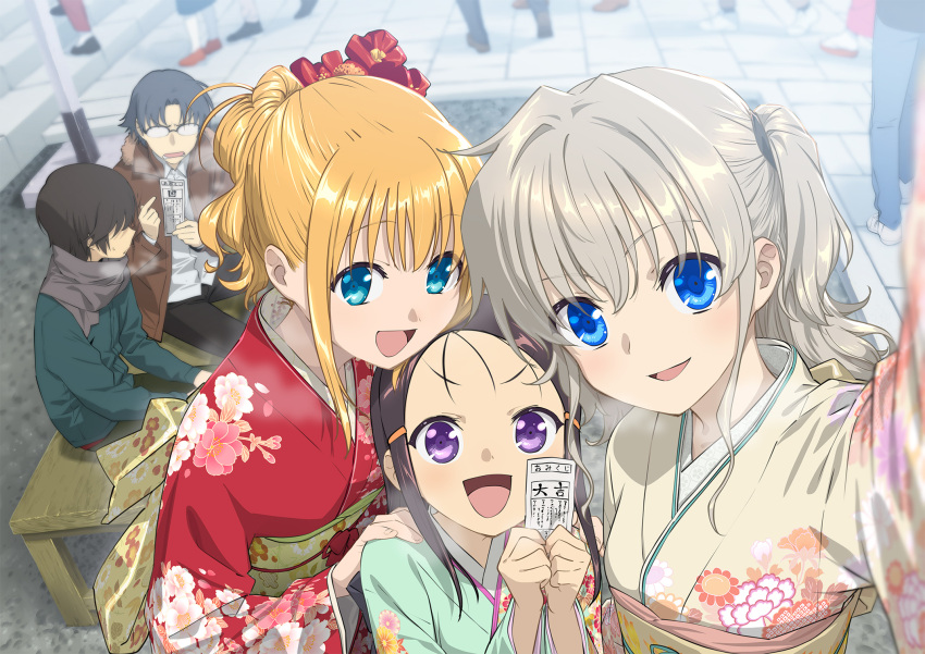 2boys 3girls black_hair blonde_hair blue_eyes charlotte_(anime) commentary_request floral_print grey_hair hair_ornament hairclip highres ikezawa_shin japanese_clothes kimono long_hair multiple_boys multiple_girls nishimori_yusa official_art ofuda otosaka_ayumi otosaka_yuu purple_eyes red_kimono selfie takajou_joujirou tomori_nao two_side_up upper_body white_kimono