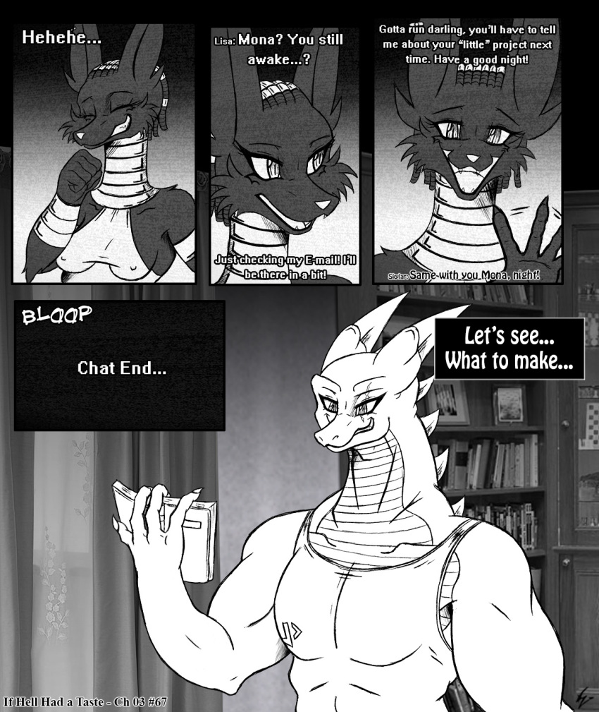 2016 anthro breasts canid canine canis clothing comic computer_screen diary dragon duo english_text eyes_closes female giraffe giraffid hi_res horn hybrid if_hell_had_a_taste jackal male mammal mona_l'arc muscular muscular_anthro muscular_male neck_ring nipple_outline open_mouth scales scar shirt skylar_fidchell sound_effects text topwear viroveteruscy