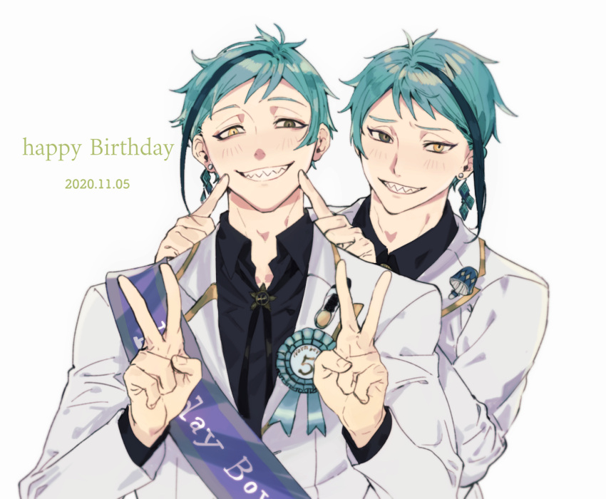 2020 2boys abuku award_ribbon black_shirt blue_hair bolo_tie collared_jacket collared_shirt dated earrings fingersmile floyd_leech green_eyes grin hands_up happy_birthday heterochromia highres jacket jade_leech jewelry long_sleeves looking_at_viewer male_focus multicolored_hair multiple_boys sash sharp_teeth shirt short_hair siblings single_earring smile streaked_hair suit_jacket teeth twins twisted_wonderland upper_body v very_short_hair white_background white_jacket yellow_eyes