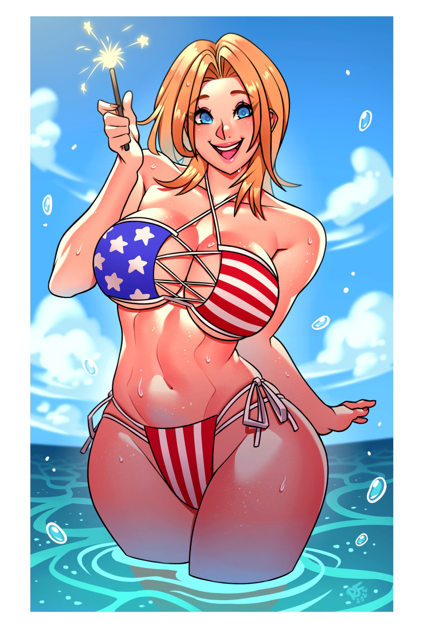 1girl absurdres american_flag_bikini bare_shoulders bikini blonde_hair blue_sky breasts celebration cleavage cloud english_commentary fireworks flag_print fourth_of_july highres july large_breasts lips navel ocean original outside_border partially_submerged ravenousruss sky sparks summer swimsuit