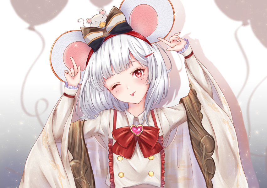 1girl :p amarisuu animal_ears animal_on_head arms_up balloon bangs blunt_bangs bow brooch buttons cheese closed_eyes collared_crop_top commentary crop_top double-breasted eating fake_animal_ears food frilled_sleeves frills gradient gradient_background granblue_fantasy grey_background hair_bow hair_ornament hair_over_shoulder hairband hairclip head_tilt heart_brooch highres index_fingers_raised jewelry long_sleeves looking_at_viewer medium_hair midriff mouse mouse_ears mouse_on_head multicolored_bow on_head one_eye_closed red_bow red_eyes red_hairband shirt sleeves_past_wrists solo tail_raised tongue tongue_out two-tone_background upper_body vikala_(granblue_fantasy) white_background white_hair white_shirt wide_sleeves wing_collar
