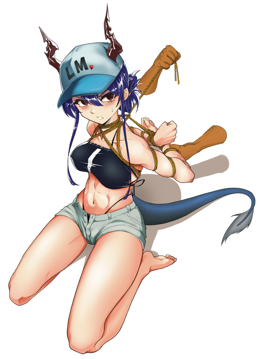 1girl abs absurdres arknights arms_behind_back barefoot baseball_cap bdsm bikini bikini_top_only blue_hair bondage bound ch'en_(arknights) commission dragon_horns dragon_tail female_tourist_c_(arknights) hat highres horns navel official_alternate_costume red_eyes restrained rope seiza shinebell short_shorts shorts sitting solo swimsuit tail water