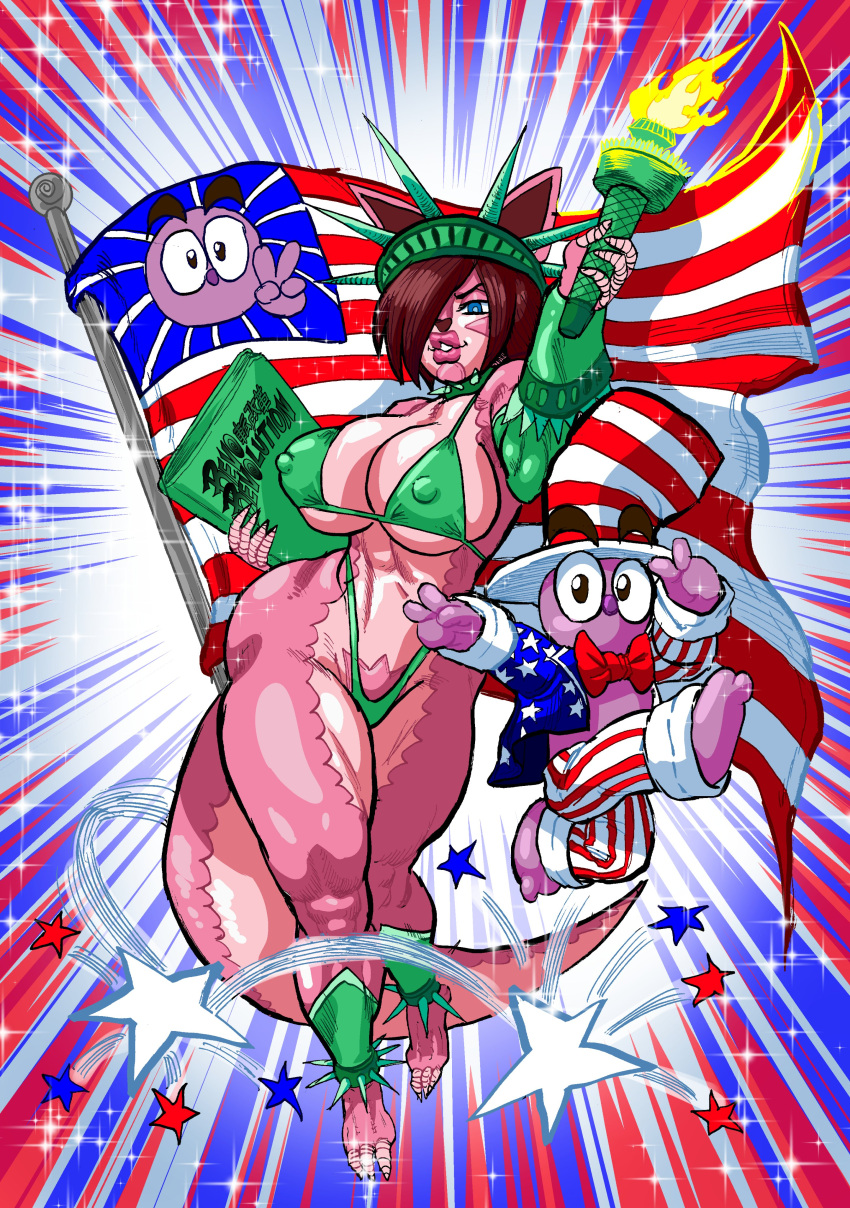 4th_july absurd_res american_flag_hat american_flag_jacket american_flag_legwear ankle_warmers barefoot big_breasts big_butt bikini blue_eyes book breasts bright_colors brown_hair butt claws clothing crown duo feet female goudadunn gradient_background green_bikini green_clothing green_swimwear hair hi_res huge_breasts huge_butt hyper hyper_butt hyper_hips hyper_tail jumping larger_female lips looking_at_viewer male male/female male/male motion_lines multicolored_body muscular muscular_female necktie one_eye_obstructed pan_(goudadunn) pink_body pink_skin pouting pouting_lips props purple_body red_necktie shaded simple_background size_difference smaller_male smile smiling_at_viewer stars_and_stripes statue_of_liberty swimwear tenny_(goudadunn) thick_bottom_lip thick_lips thick_tail thick_thighs tiara toe_claws torch two_tone_body united_states_of_america unknown_species voluptuous_female wide_hips