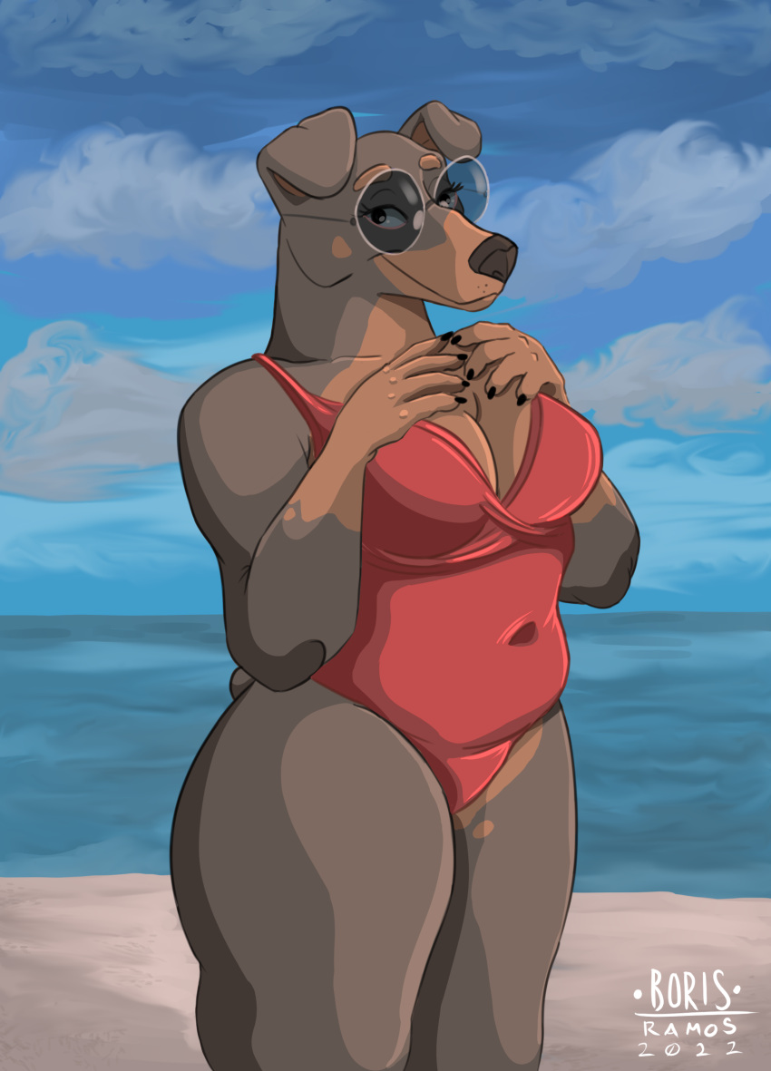 absurd_res anthro beach big_breasts borisramos breasts canid canine canis christie_(borisramos) chubby_female clothing cloudscape dobermann domestic_dog eyewear female glasses hi_res looking_at_viewer mammal navel pinscher red_clothing red_swimwear sea seaside sky slightly_chubby smile solo suggestive_pose swimwear water wide_hips