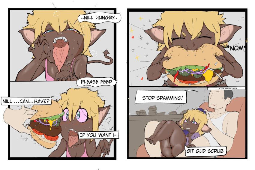 &lt;3 &lt;3_eyes 5_fingers blonde_hair blue_eyes bodily_fluids breasts burger butt claws cleavage clothed clothing comic dark_body dark_skin digital_media_(artwork) duo eating eating_food english_text eyes_closed feet female fingers food gesture goblin hair half-closed_eyes hi_res human humanoid humanoid_pointy_ears itzkoaro larger_male looking_at_viewer male mammal narrowed_eyes not_furry on_lap open_mouth saliva saliva_on_tongue saliva_string sharp_teeth shirt short_stack sitting size_difference smaller_female smile speech_bubble teeth text thick_thighs toes tongue tongue_out topwear video_games