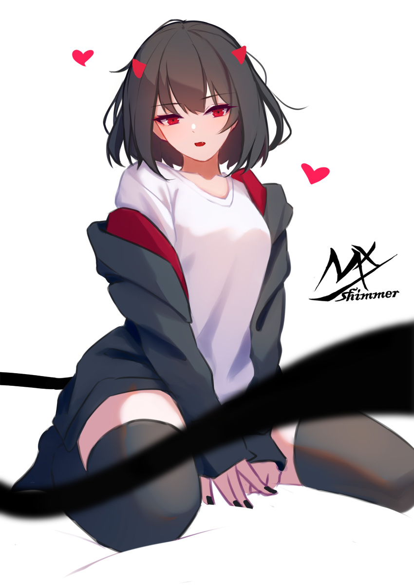 1girl absurdres artist_logo black-haired_demon_girl_(shimmer) black_hair black_jacket black_nails black_thighhighs commentary fang heart highres jacket looking_at_viewer open_clothes open_jacket open_mouth original red_eyes seiza shimmer shirt short_hair simple_background sitting solo symbol-only_commentary white_background white_shirt