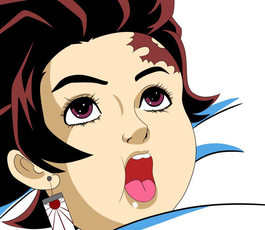 1970s_(style) 1boy bangs bed blush brown_eyes chargeman_ken! commentary_request earrings highres izumi_ken jewelry kamado_tanjirou kimetsu_no_yaiba looking_at_viewer male_focus momomomopyr open_mouth parody retro_artstyle single_earring solo