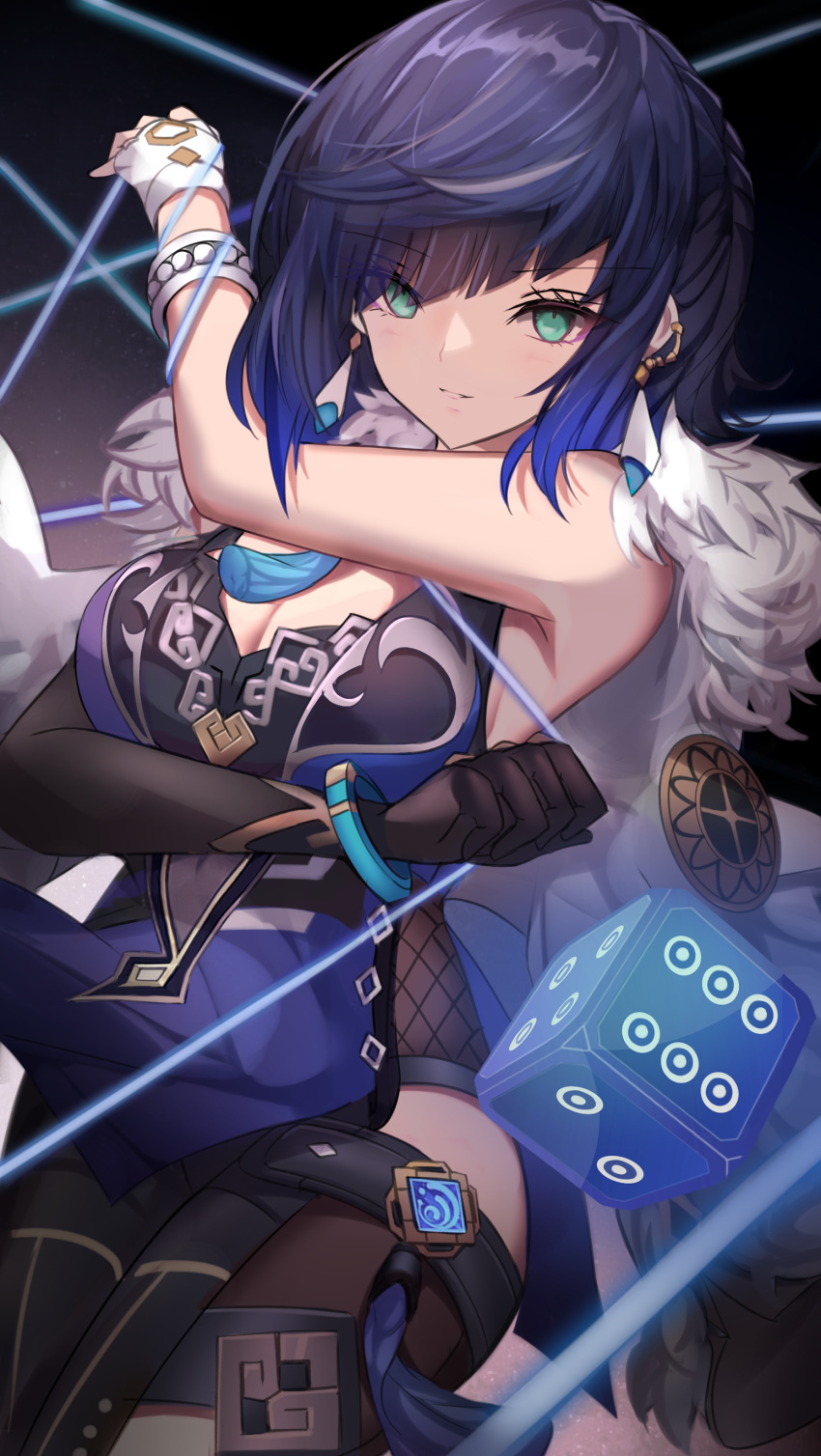 1girl absurdres asymmetrical_gloves bangs bare_shoulders black_gloves blue_hair bracelet breasts cleavage commentary cowboy_shot dice fingerless_gloves genshin_impact gloves green_eyes highres jewelry large_breasts looking_at_viewer mismatched_gloves short_hair sleeveless smile solo standing stratoz thighs white_gloves yelan_(genshin_impact)