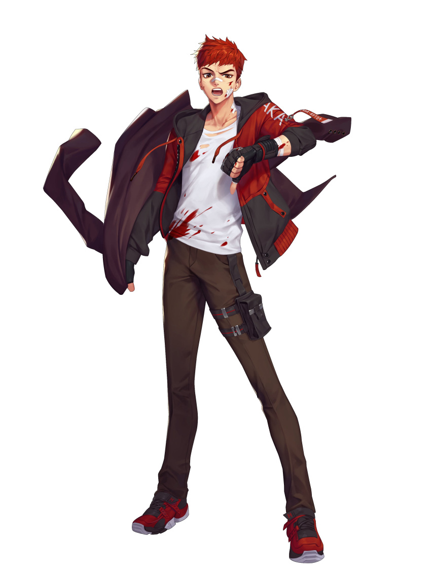 1boy absurdres artist_request bad_source black_survival blood brown_eyes brown_pants fingerless_gloves full_body gloves highres hyunwoo_(black_survival) jacket looking_at_viewer male_focus official_alternate_costume official_art open_clothes open_jacket open_mouth pants red_footwear red_hair shirt shoes short_hair simple_background solo standing thumbs_down transparent_background white_shirt