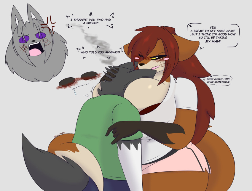 anthro big_breasts blush boob_smothering breast_smother breast_smothering breasts canid canine dew_(dewwydarts) dewwydarts disembodied_head female fighting_over_boy fox group hi_res huge_breasts jealous maddie_(dewwydarts) male male/female mammal possessive smothering tail_wrapping tail_wraps wide_hips wraps