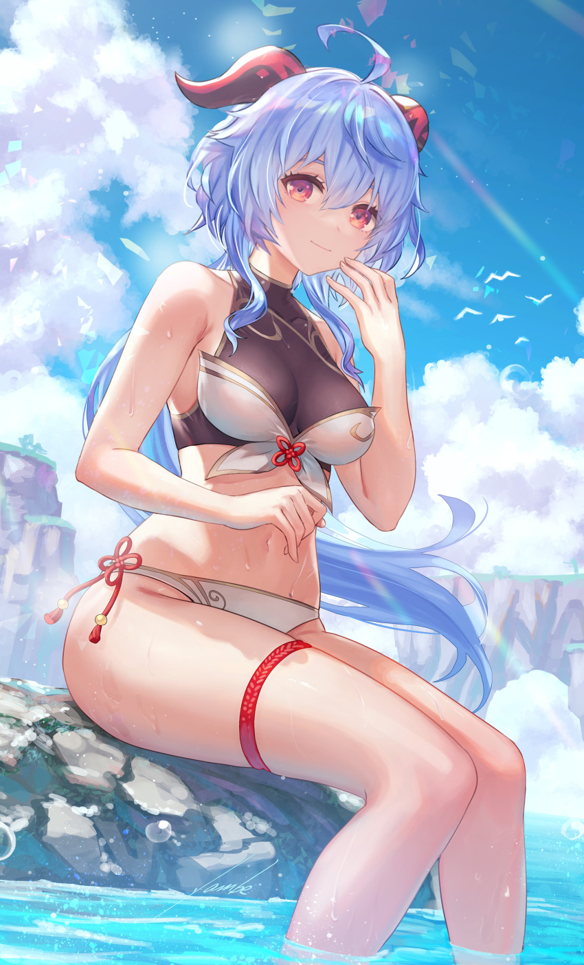 1girl absurdres ahoge anbe_yoshirou animal artist_name bangs bare_arms bare_shoulders bikini bikini_day bird blue_hair blue_sky breasts closed_mouth cloud cloudy_sky commentary_request covered_collarbone day fingernails ganyu_(genshin_impact) genshin_impact gold_trim hand_up highleg highleg_bikini highres horns light_smile long_hair looking_at_viewer low_ponytail medium_breasts navel outdoors rock seagull signature simple_background sitting sky solo stomach sunlight swimsuit thigh_strap thighs water water_drop wet