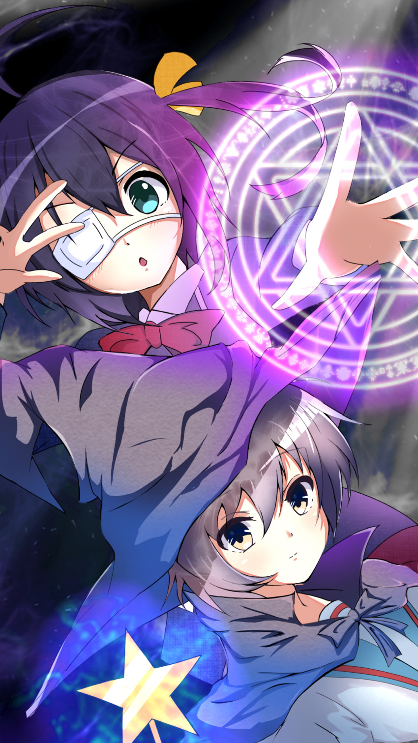 bangs blazer chuunibyou chuunibyou_demo_koi_ga_shitai! eyepatch hat highres jacket kyoto_animation magic_circle nagato_yuki notice_miura school_uniform serafuku summoning suzumiya_haruhi_no_yuuutsu takanashi_rikka wand witch_hat