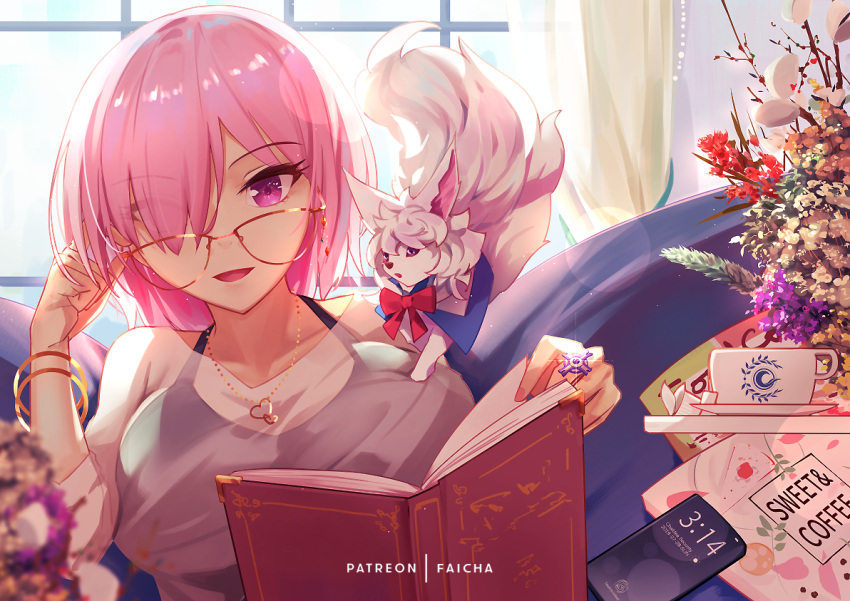 1girl adjusting_eyewear asymmetrical_bangs bangs book bow bracelet breasts cellphone coffee_cup couch creature cup disposable_cup faicha fate/grand_order fate_(series) flower fou_(fate) glasses hair_over_one_eye heart heart_necklace jewelry large_breasts looking_at_viewer mash_kyrielight necklace open_mouth patreon_username phone pink_hair purple_eyes reading red_bow ring see-through see-through_shirt short_hair smartphone sports_bra